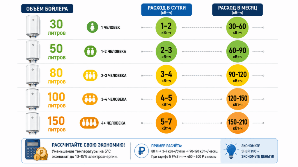 Усреднённый расход электроэнергии для разных объёмов