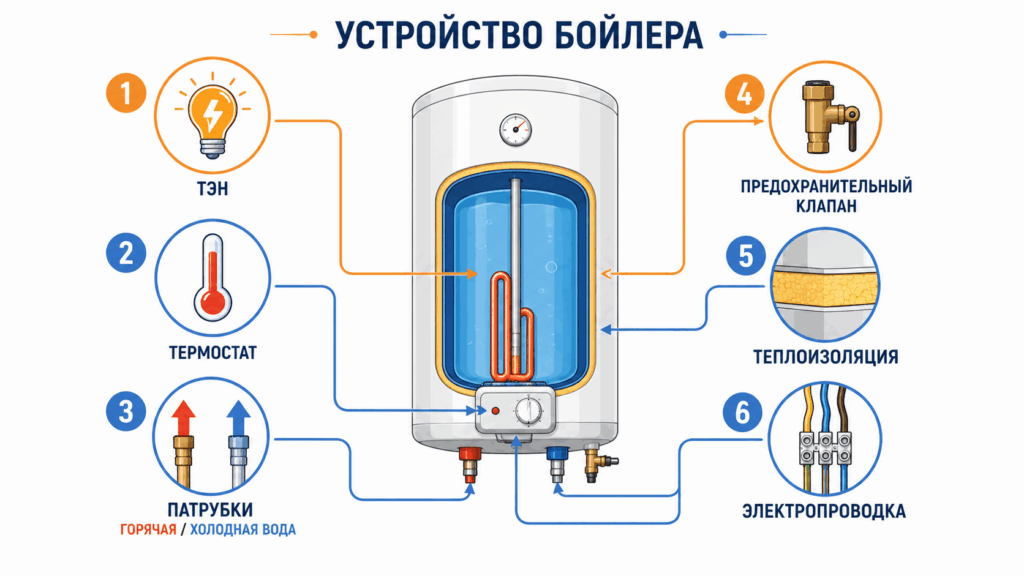 Основные узлы водонагревателя: общая схема